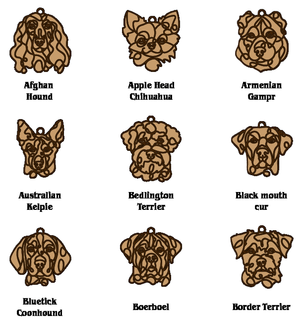 Set of dog breed illustrations with labels on a white background