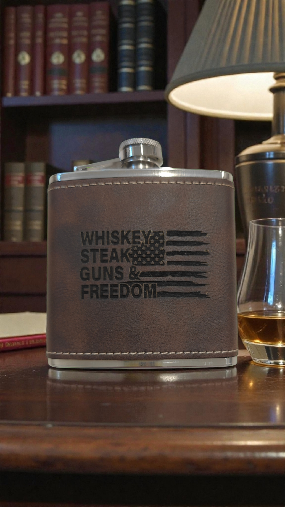 Whiskey Steak Guns & Freedom Leather Wrapped Stainless Steel Hip Flask