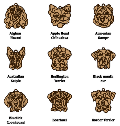 Set of dog breed illustrations with labels on a white background