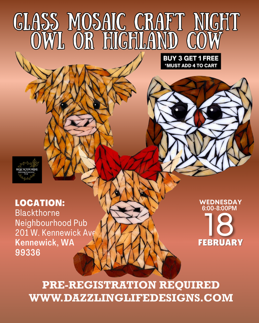 Highland Cow or Owl Mosaic Craft Night at Blackthorne Neighbourhood Pub Feb 18